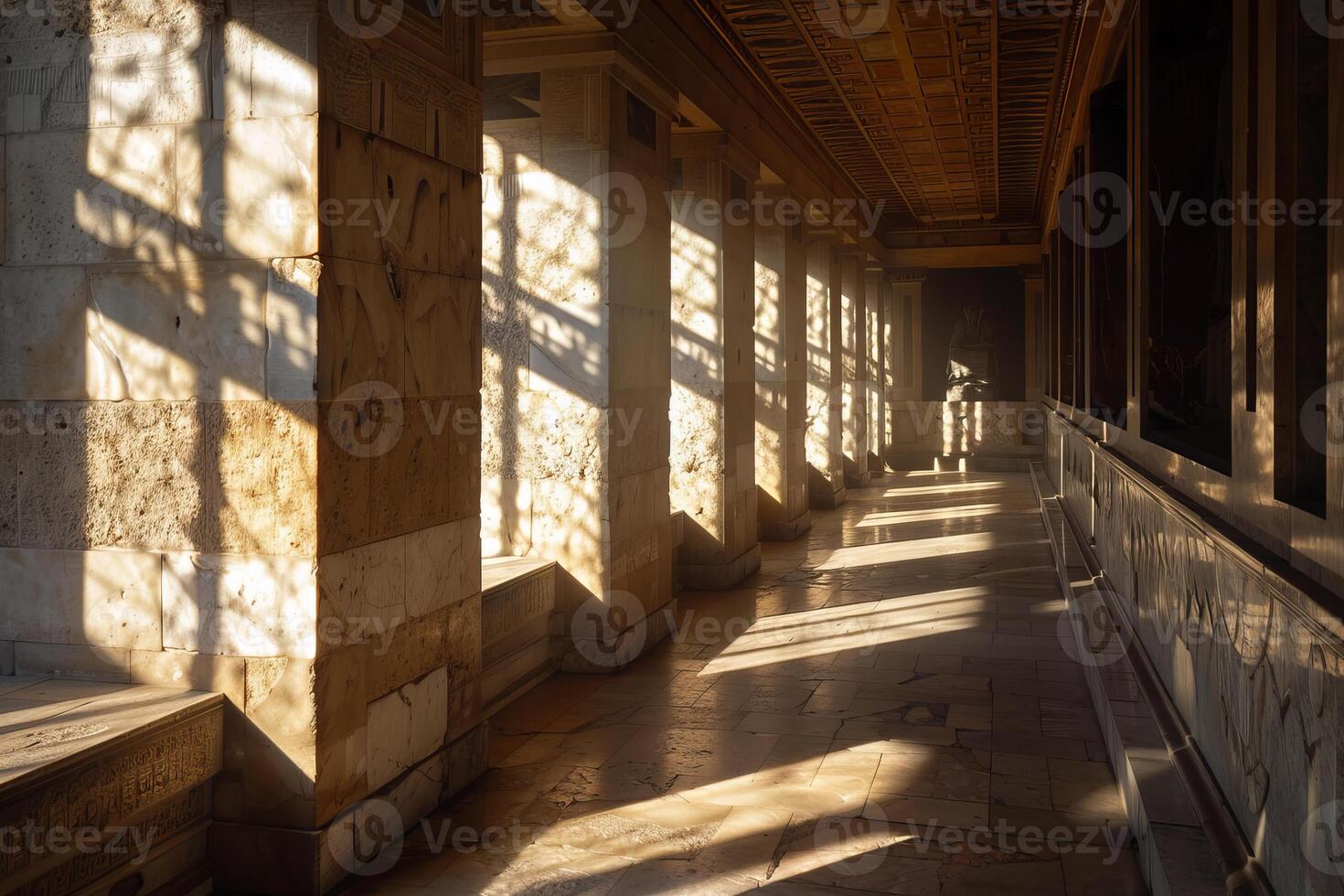 Sunlight casting long shadows through windows in ancient building photo