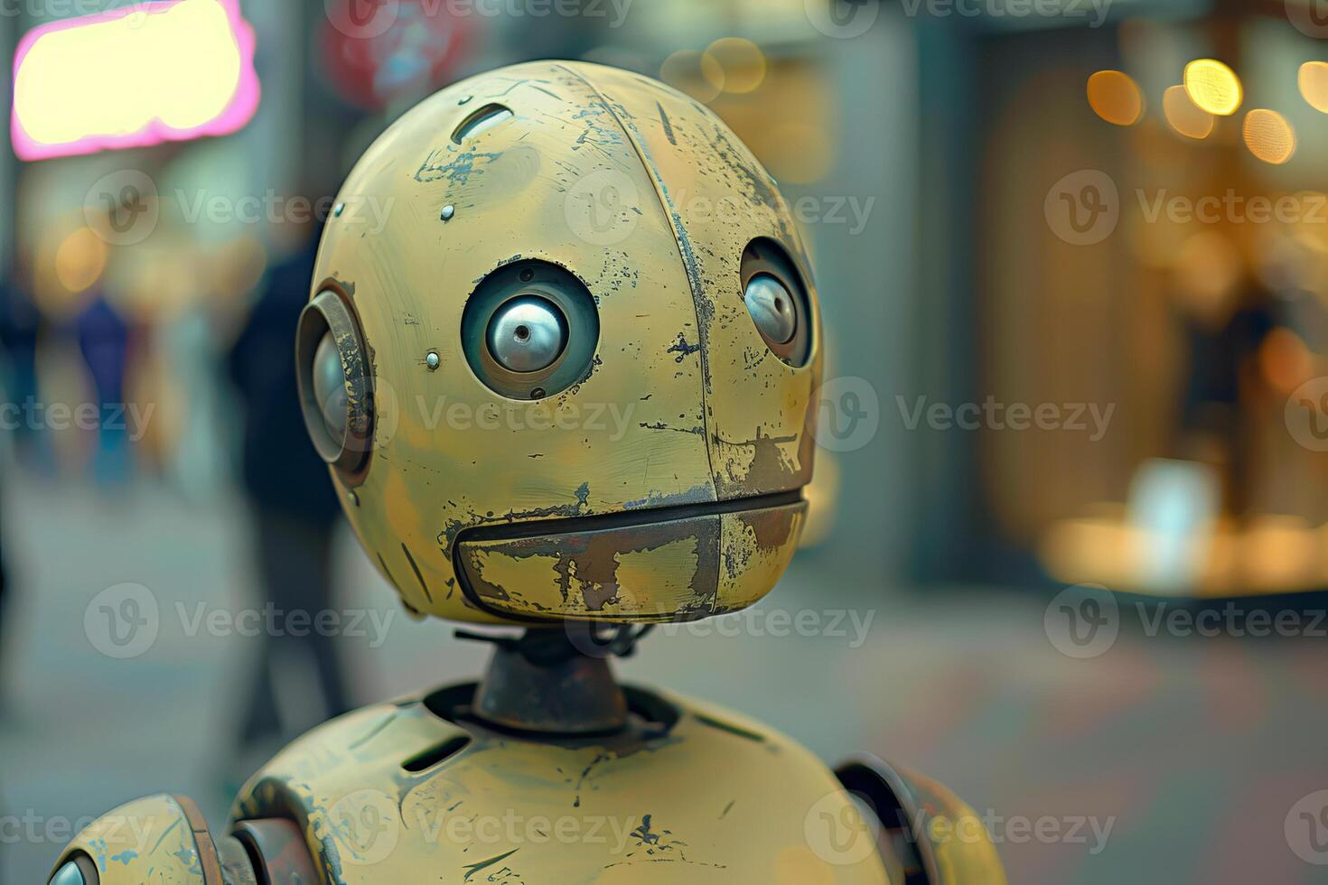 Old weathered robot walking in busy city center photo