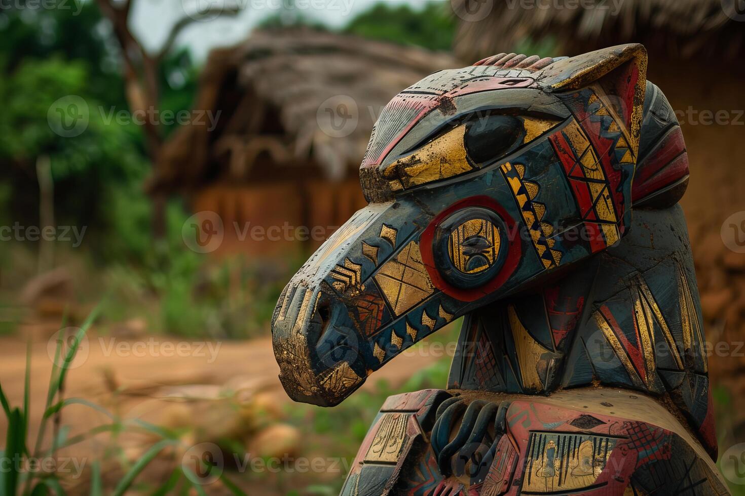 Colorful wooden statue representing spirit animal standing in the middle of a village in africa photo