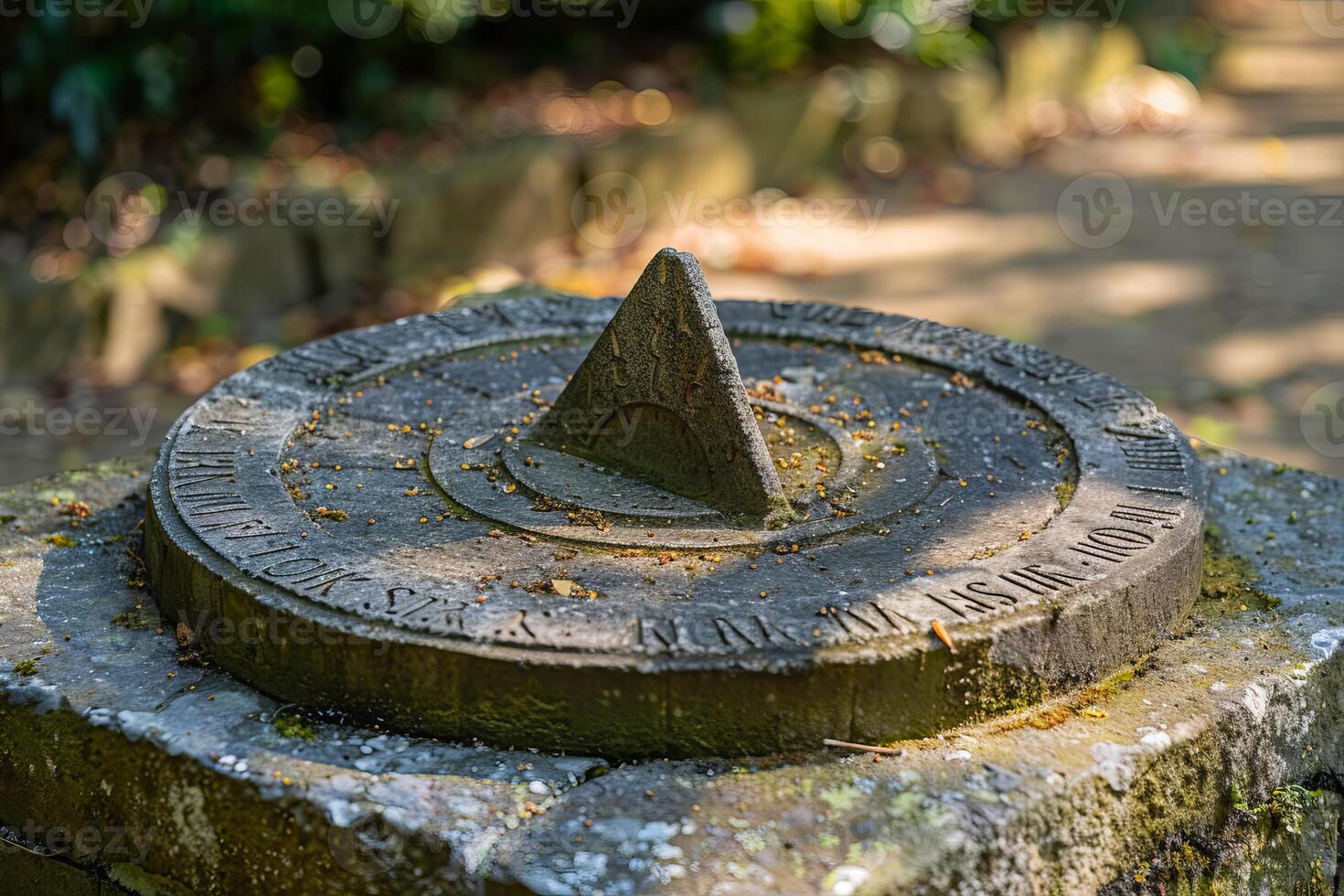 Old sundial made of stone is telling the time in a garden photo