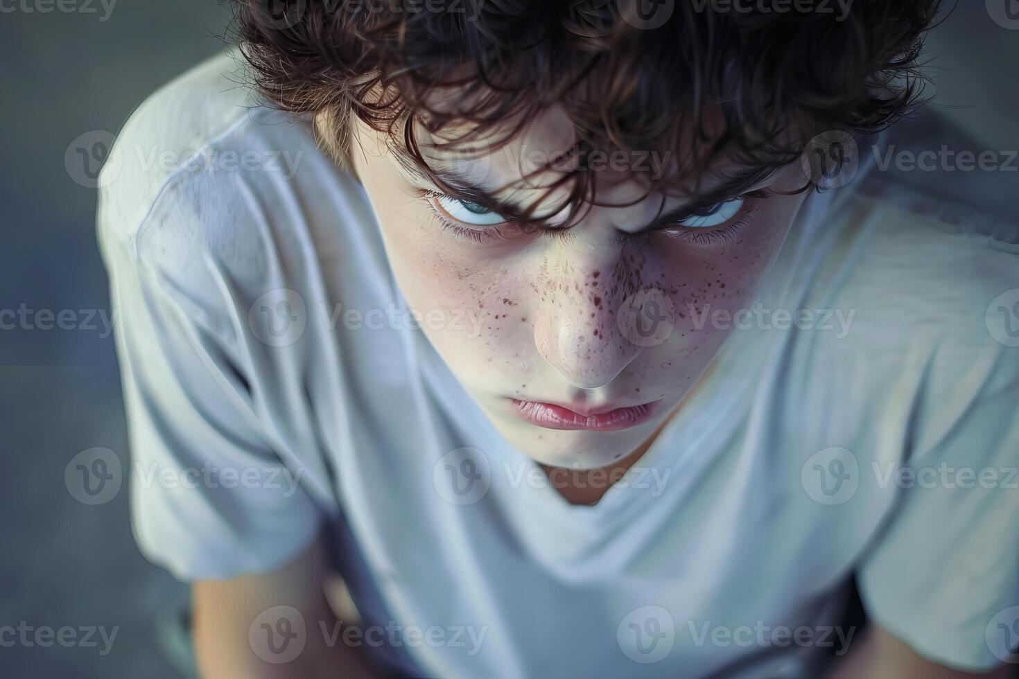 Angry teenager boy looking up with intense glare photo