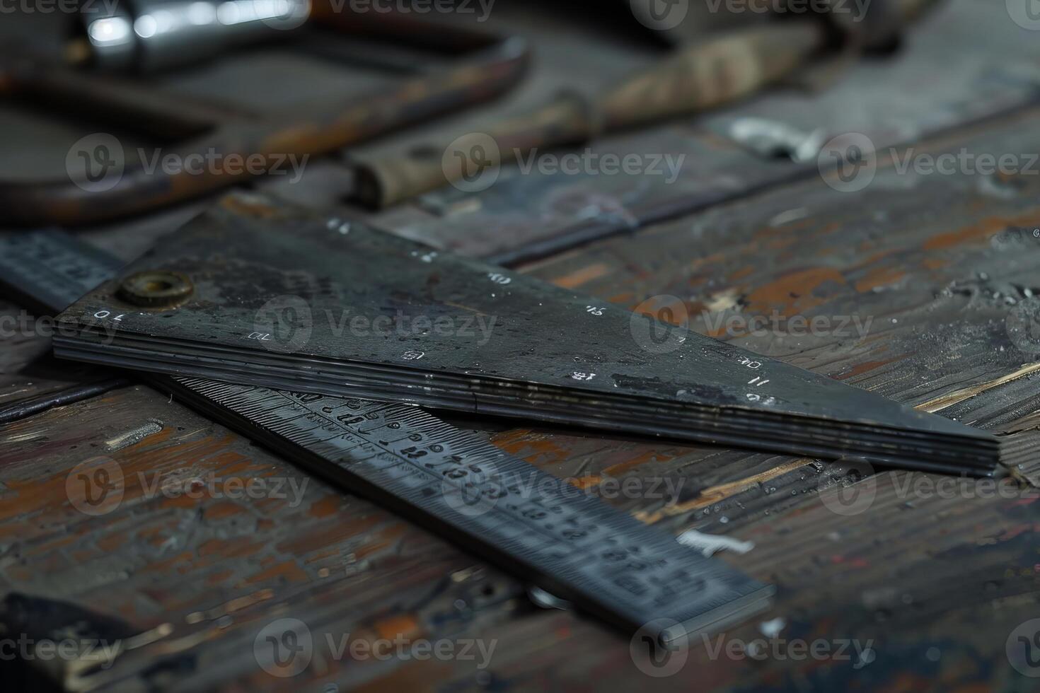 Metal angle ruler and measuring tape lying on workbench in workshop photo