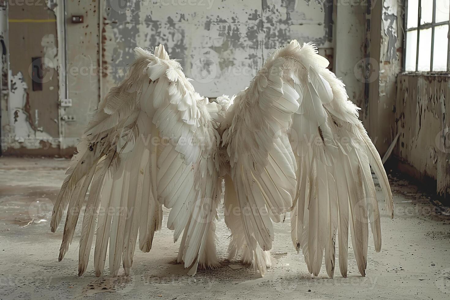 Pair of white angel wings standing in empty grunge room photo