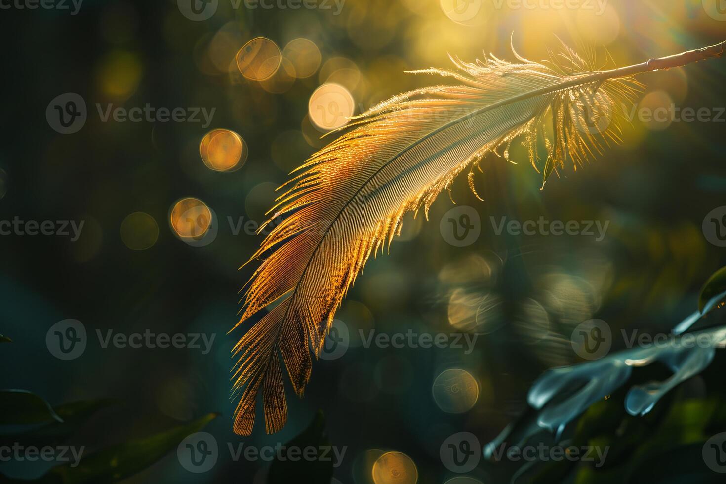 Single feather glowing in the warm light of the setting sun photo