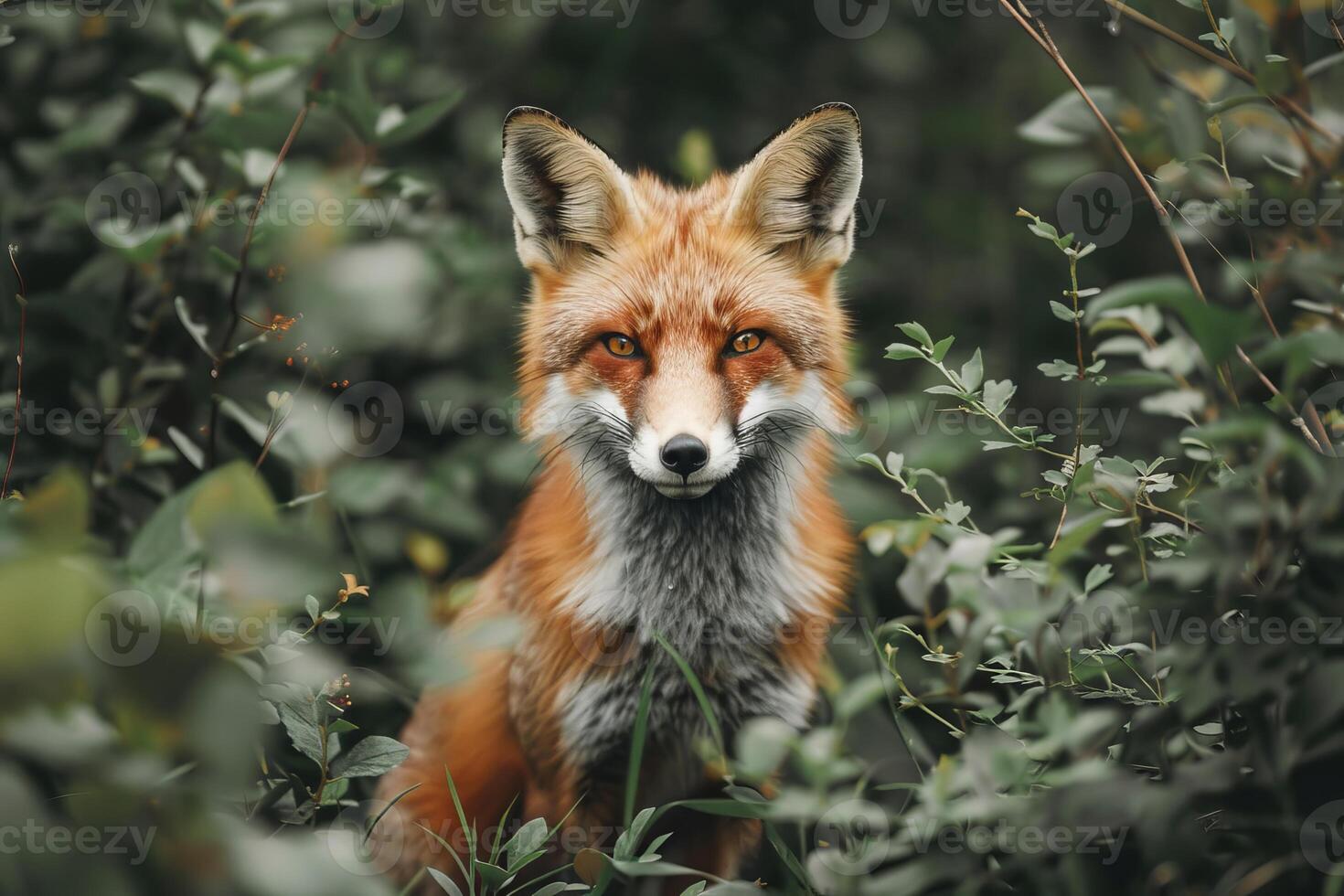 Red fox hiding in the forest and looking around photo