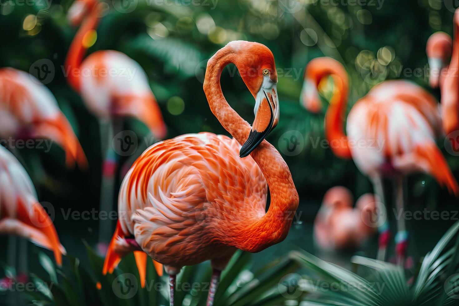 Beautiful pink flamingo cleaning its feathers surrounded by other flamingos photo