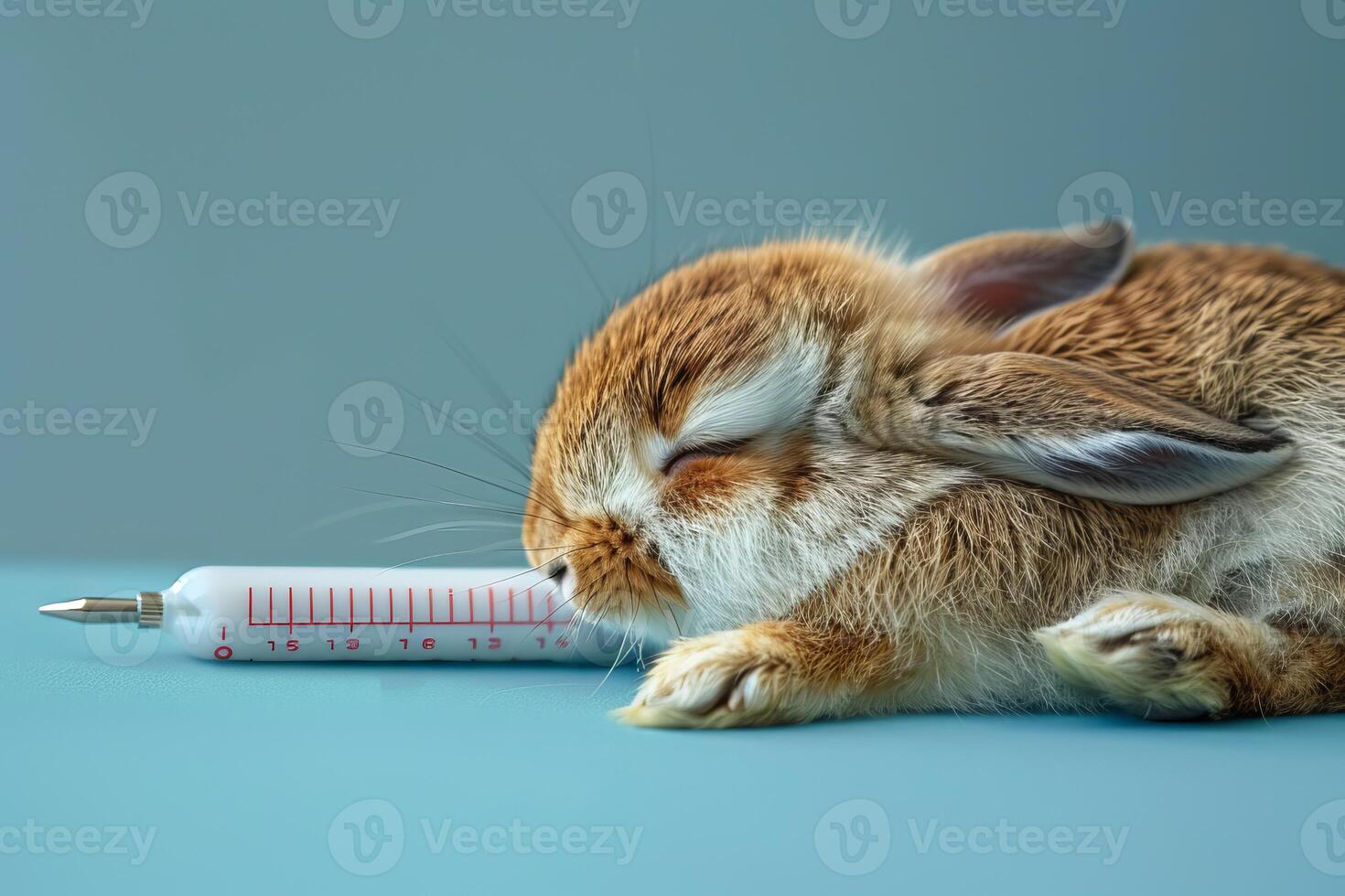 Brown bunny rabbit sleeping near syringe on blue background photo