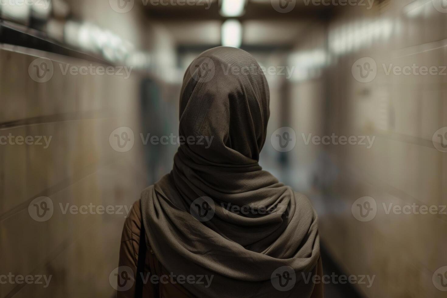 Young muslim woman wearing a hijab walking in a tunnel photo