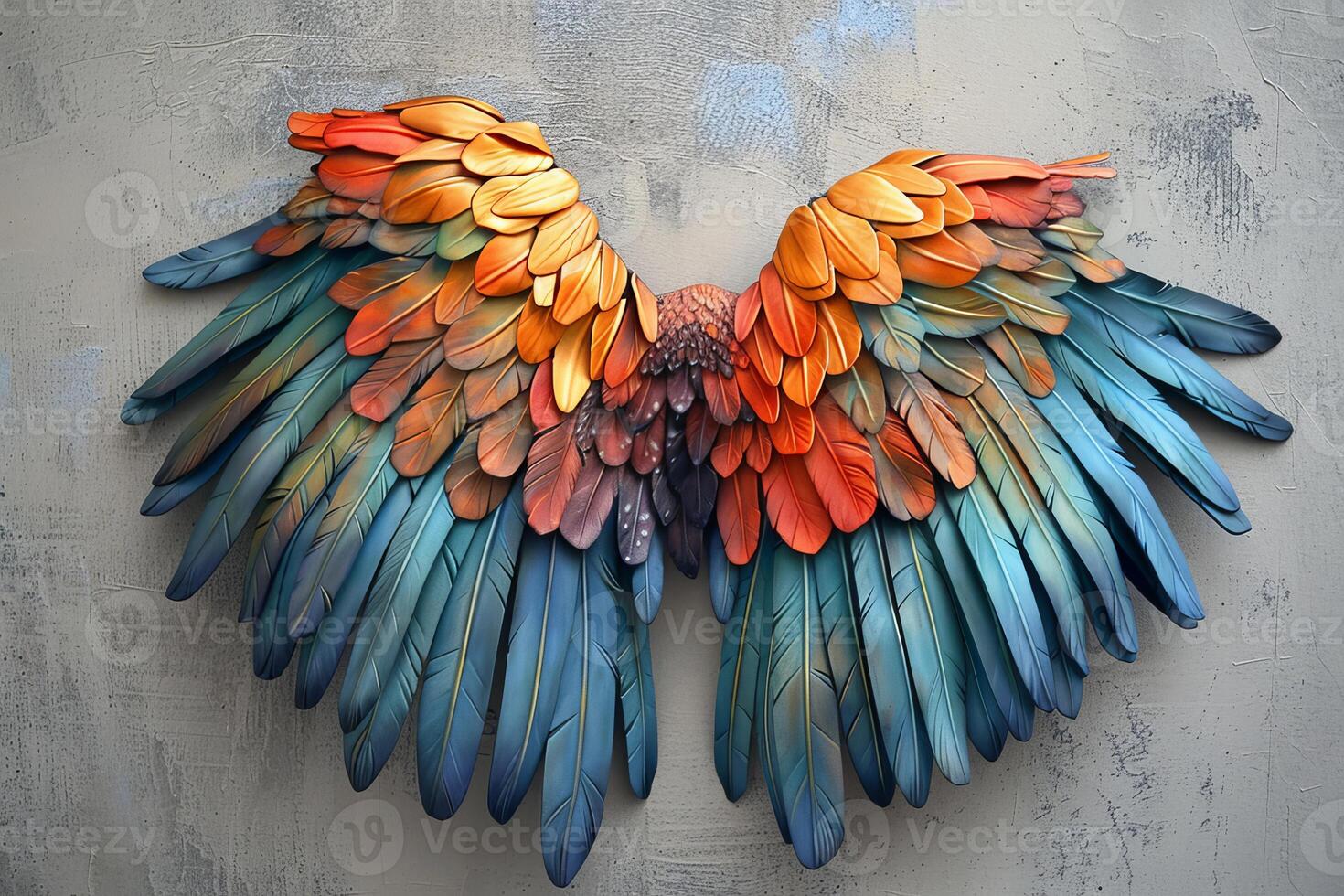 Large colorful bird wings sculpture spreading on gray textured background photo