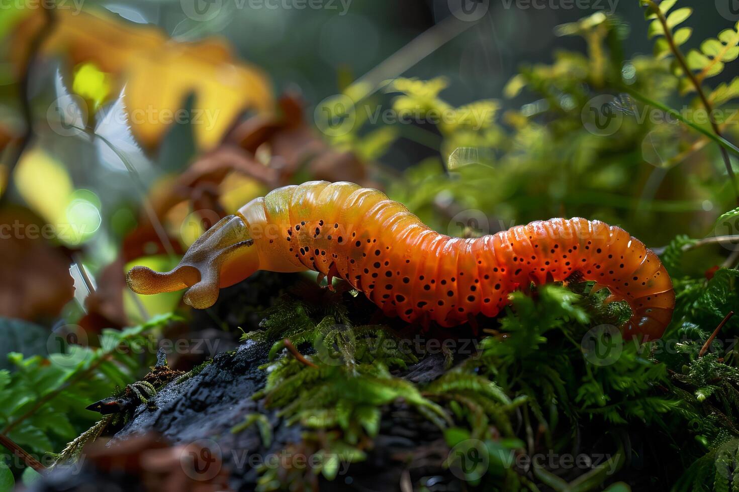 Orange and yellow caterpillar crawling on a mossy branch photo