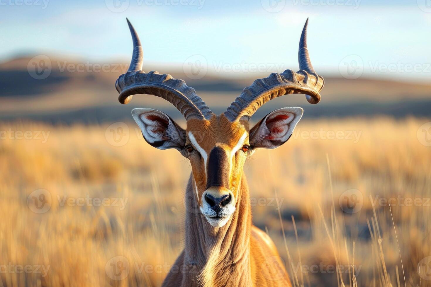 Majestic male kudu posing with big horns in the african savanna photo