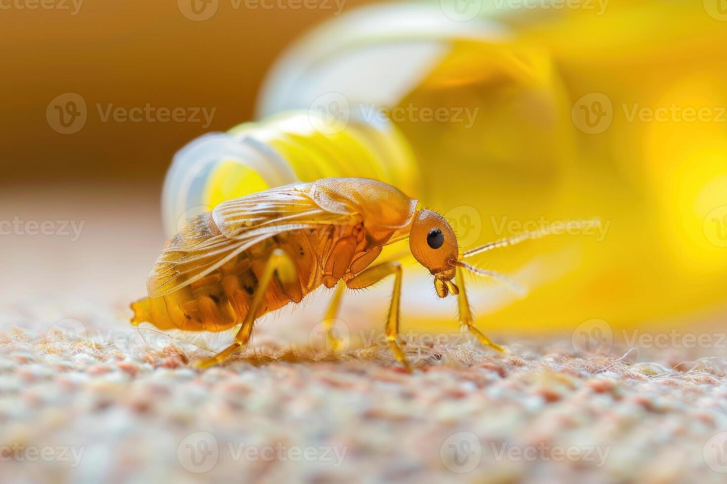 Small cockroach insect crawling near yellow liquid bottle photo