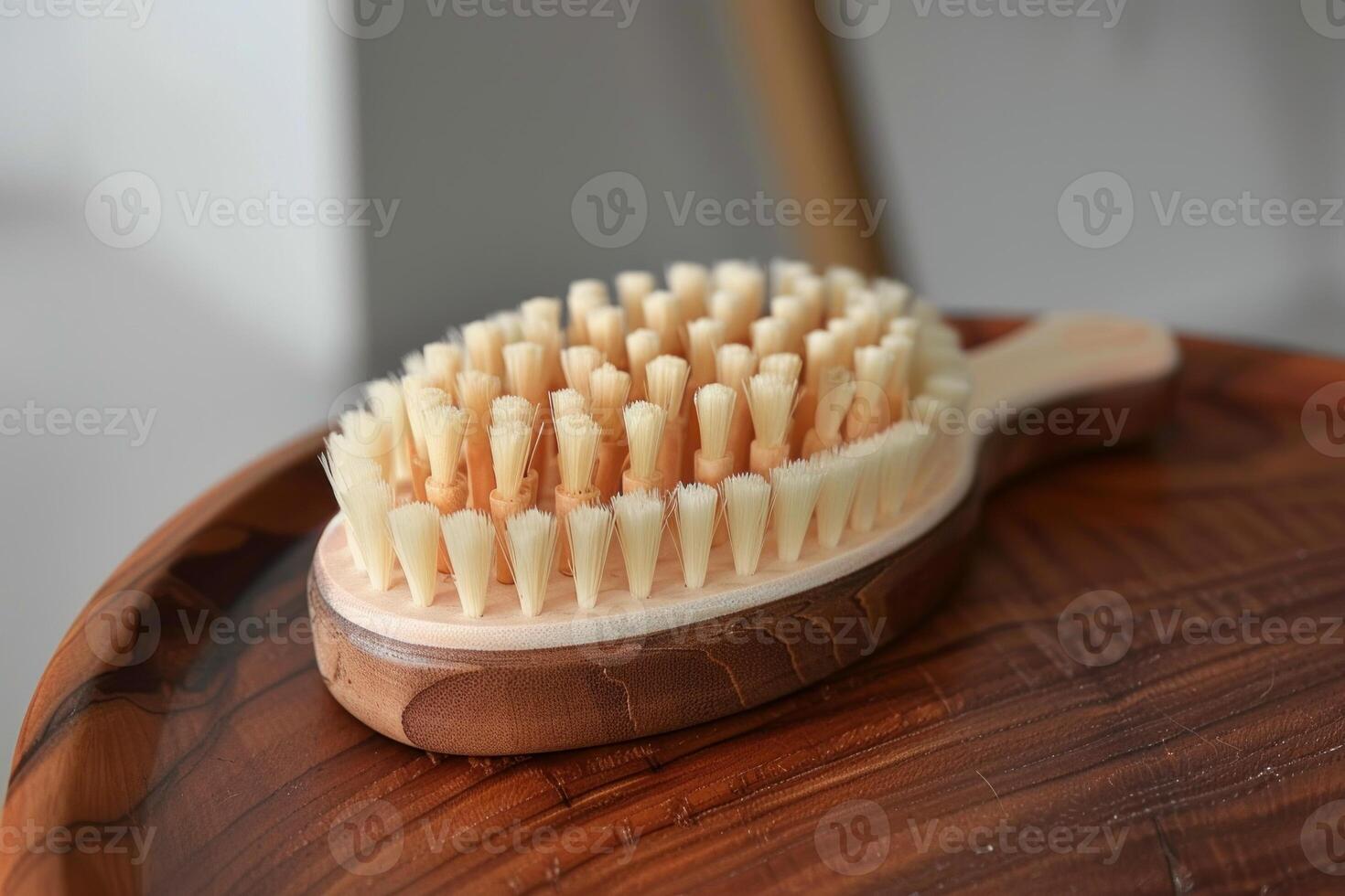 Wooden bath brush with natural bristles resting on a wooden table photo