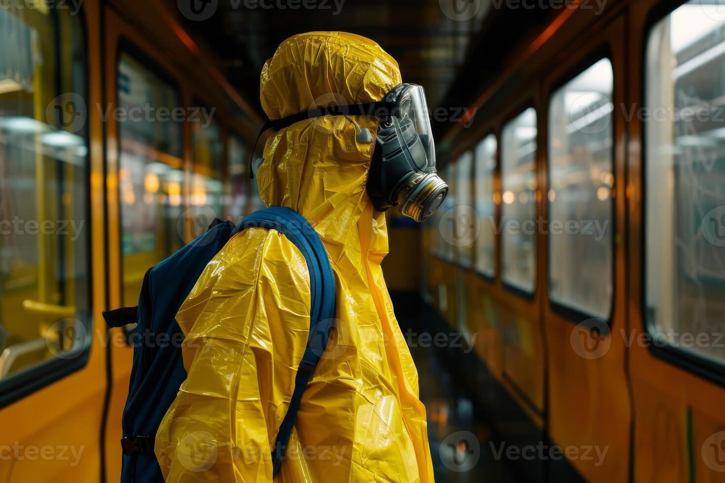 Scientist wearing hazmat suit and gas mask standing in subway car photo