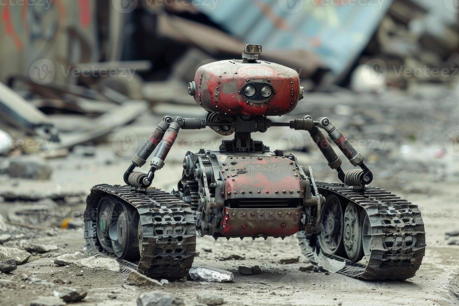 Old rusty military robot exploring a destroyed city photo