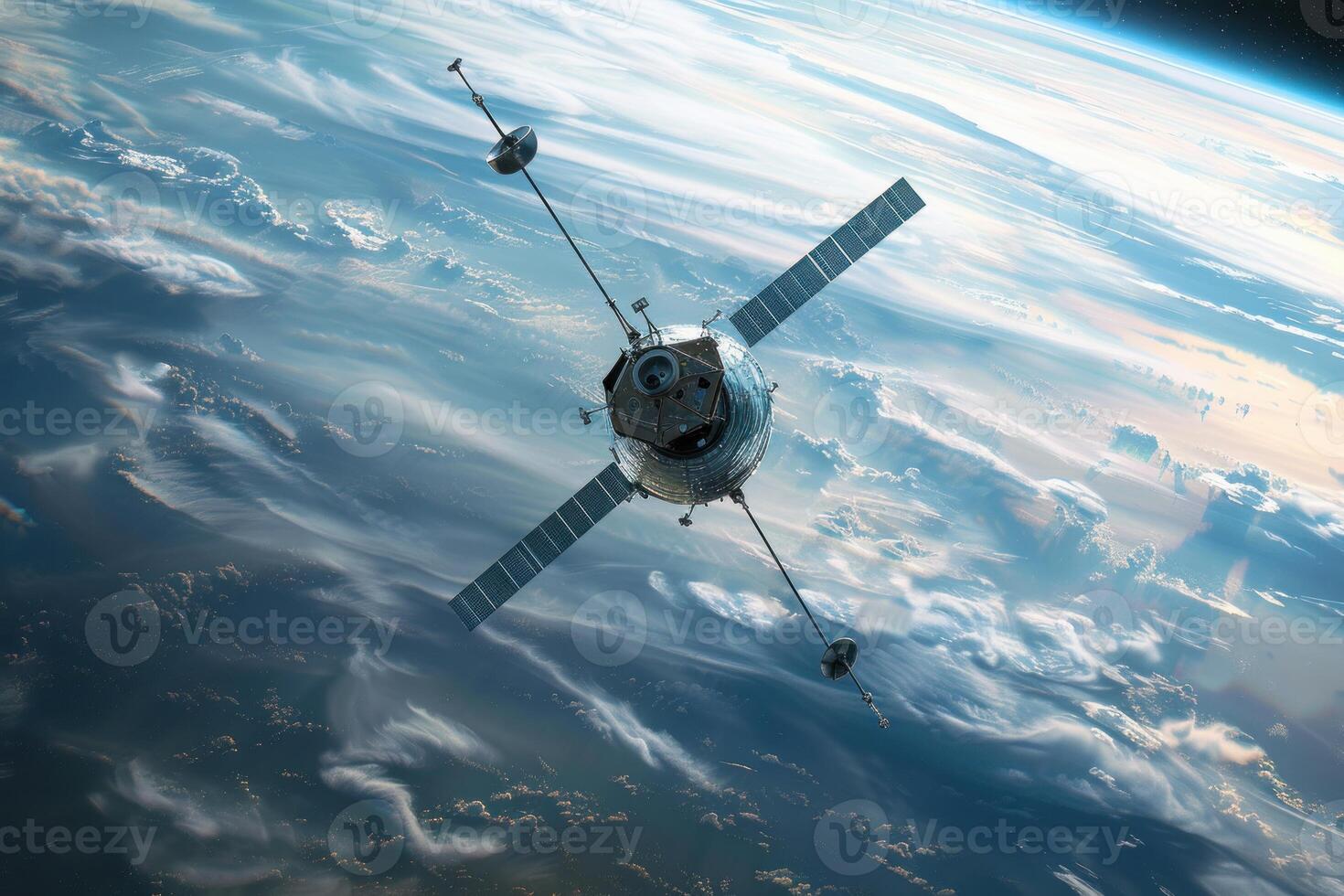 Spacecraft orbiting earth with cloud covered surface below photo