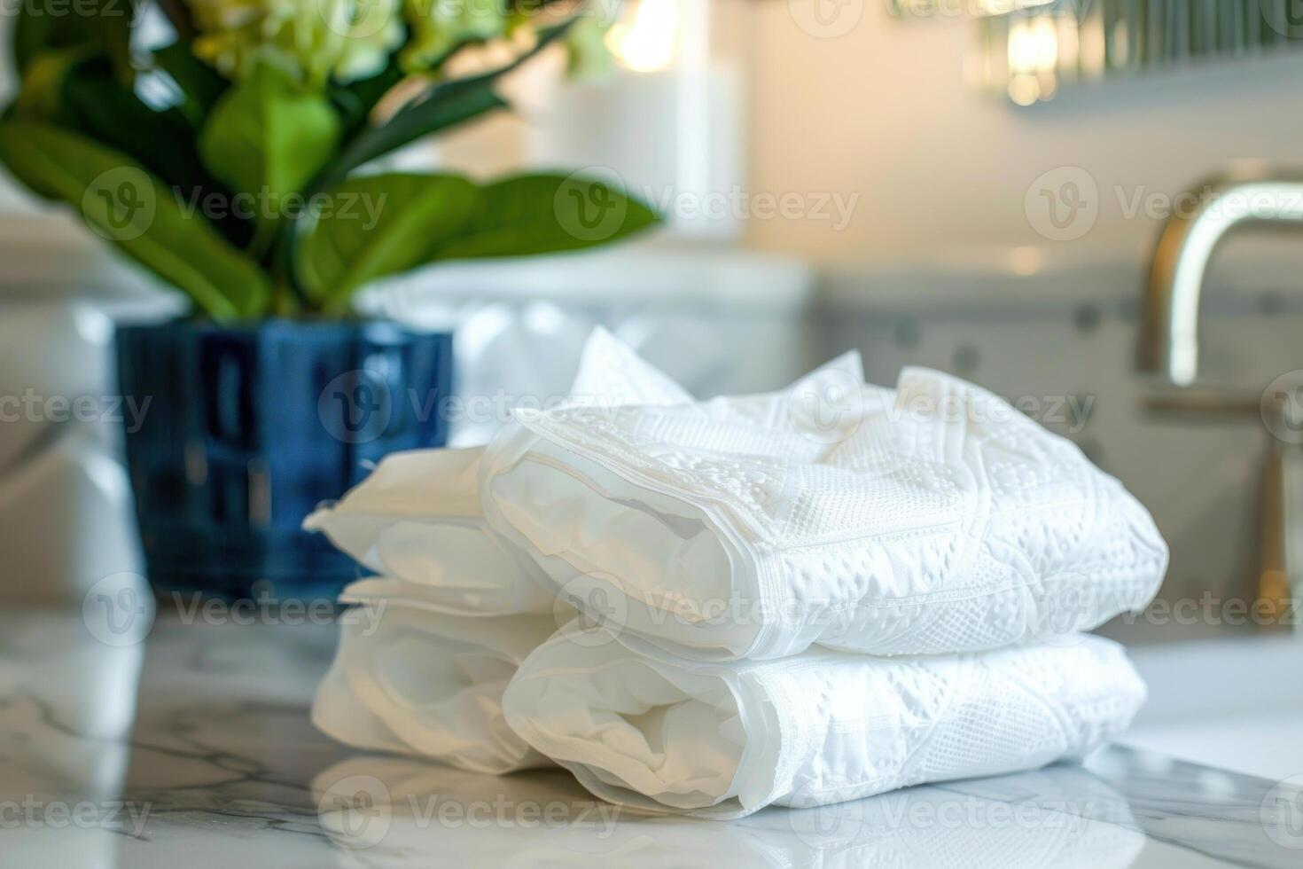 Stack of clean white hand towels sitting on bathroom counter photo