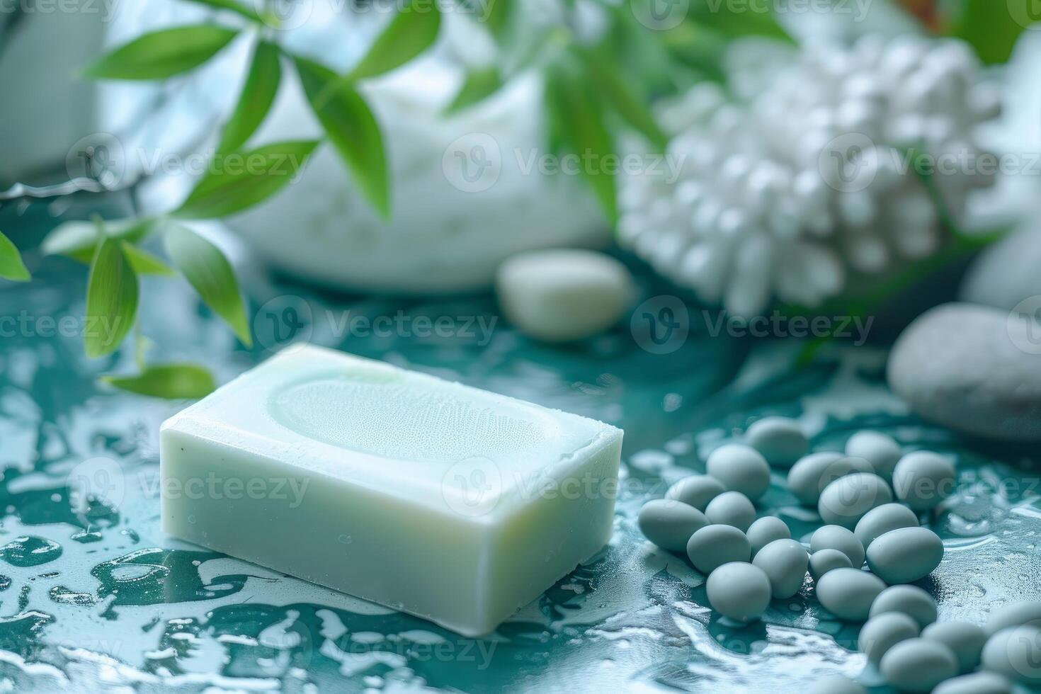 Natural soap is laying on a wet turquoise surface with green leaves and decorative stones photo