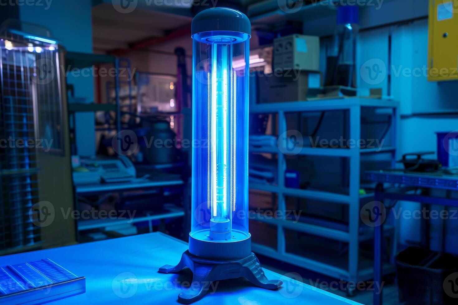 Powerful uv light sanitizer machine is disinfecting and sterilizing room photo