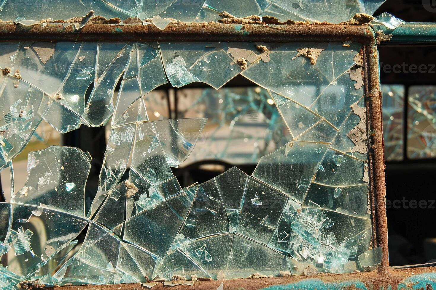 Broken windshield of an old abandoned car reflecting sunlight photo