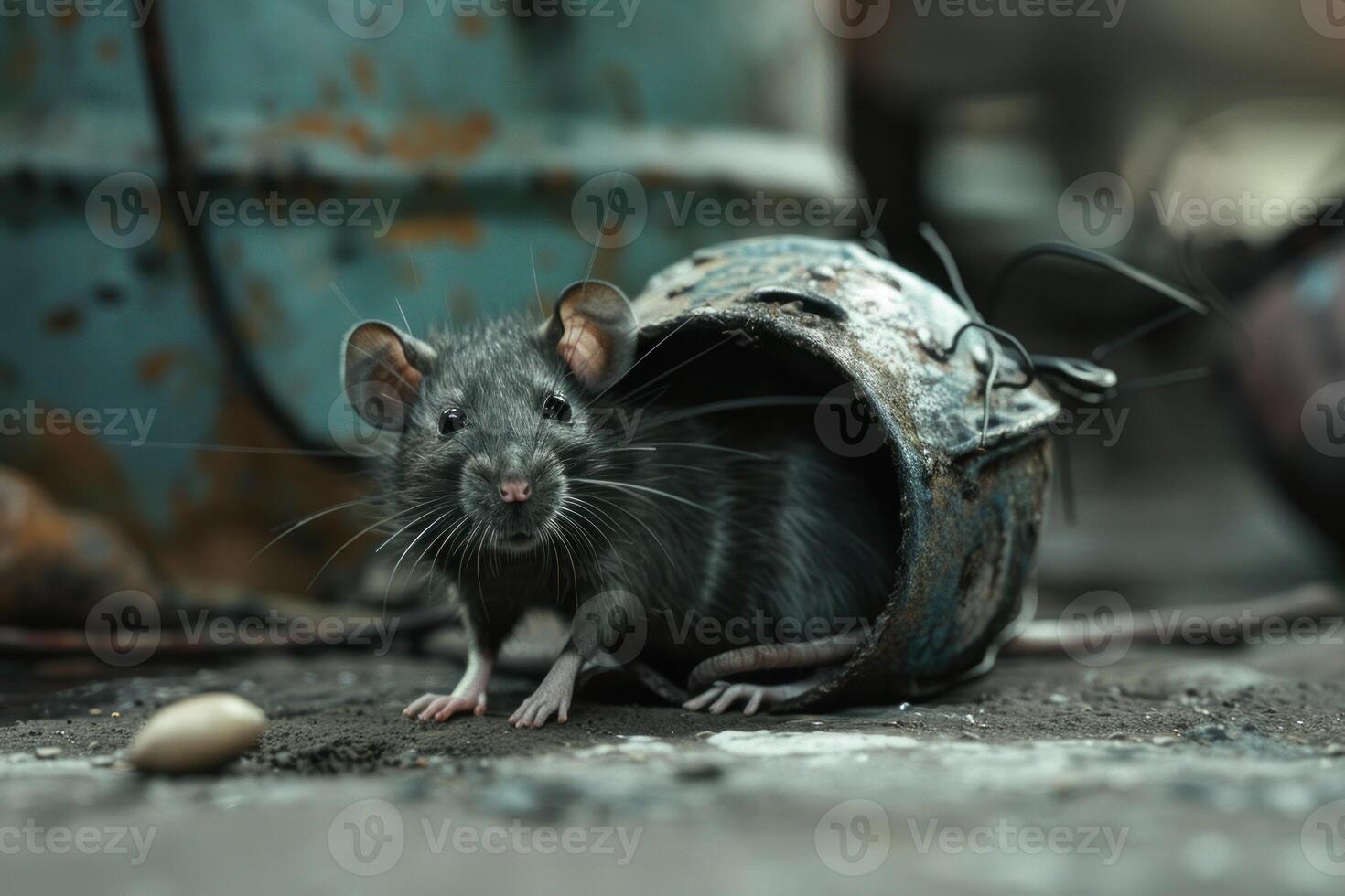 Black rat sitting in a rusty can in an abandoned place photo