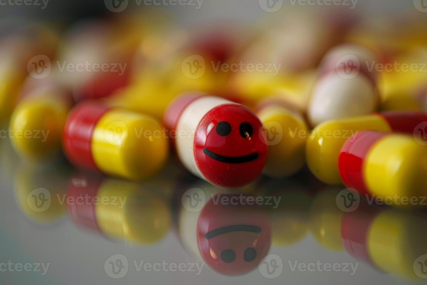 Red and yellow pills with a smiley face reflecting on a table photo