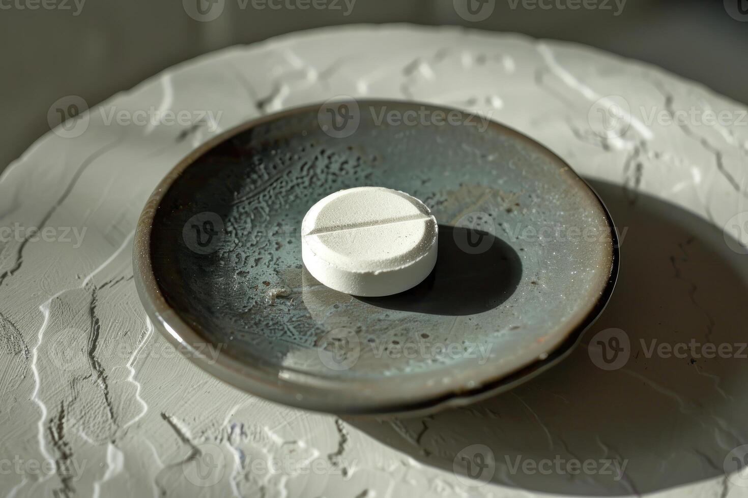 Single white pill lying on dark plate on white table illuminating by sun photo