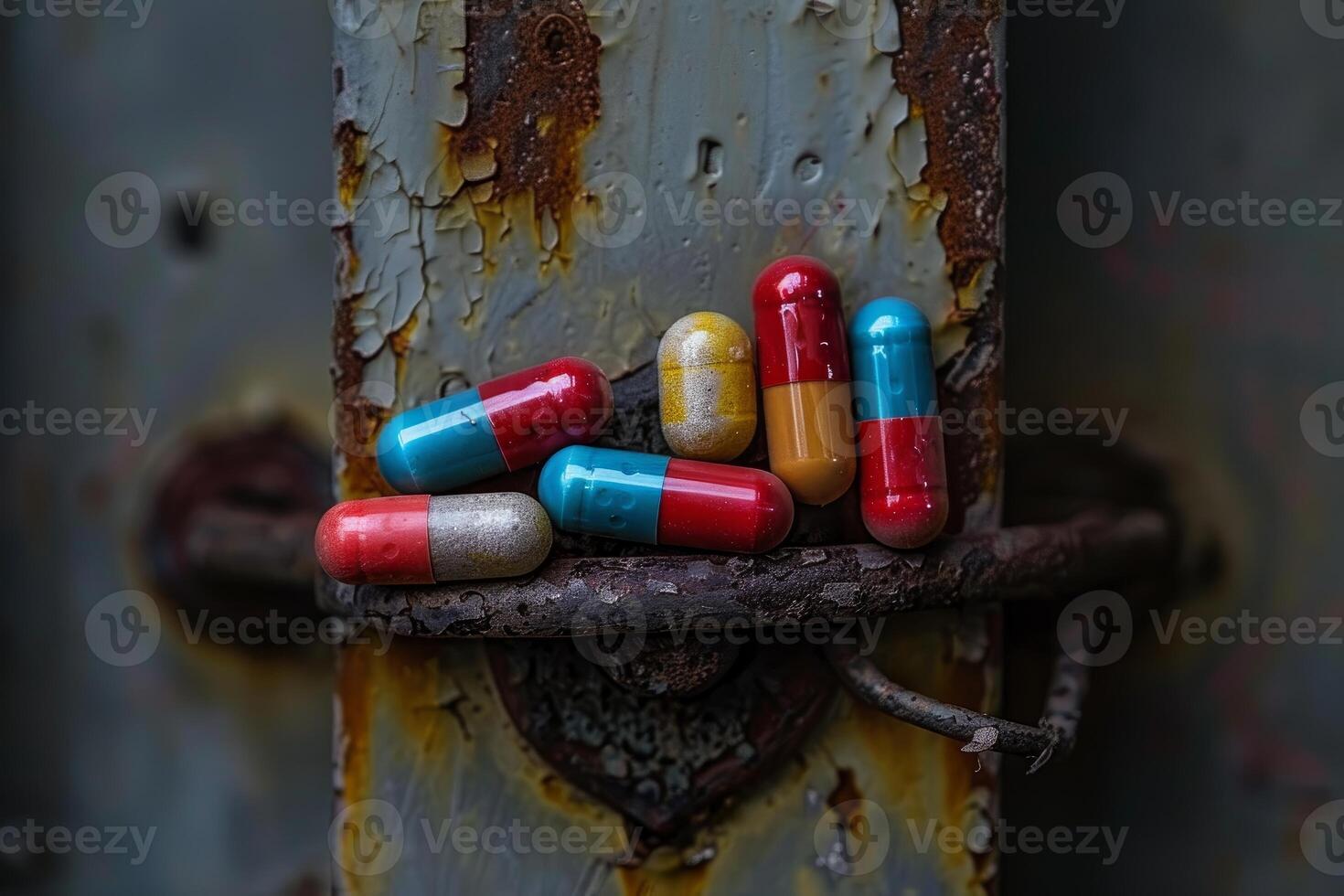Colorful pills resting on rusted metal in abandoned building photo