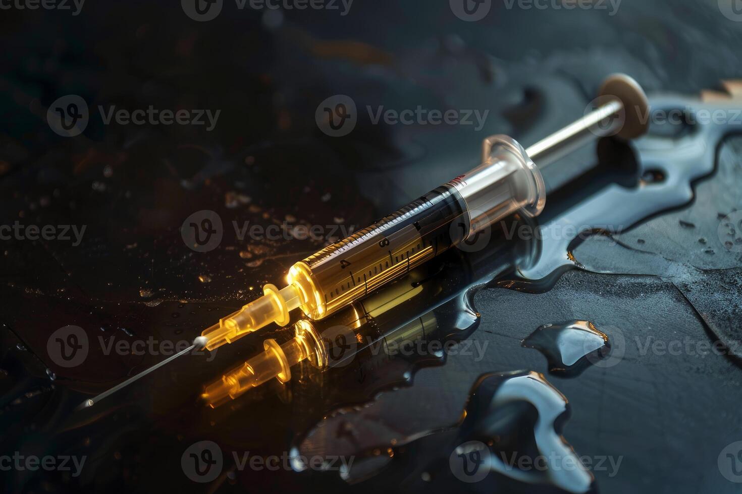 Syringe filled with liquid lying on wet black surface photo