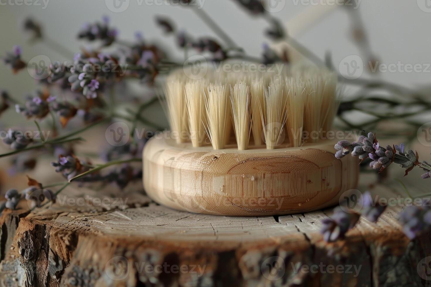Natural massage brush with lavender lying on wooden background photo