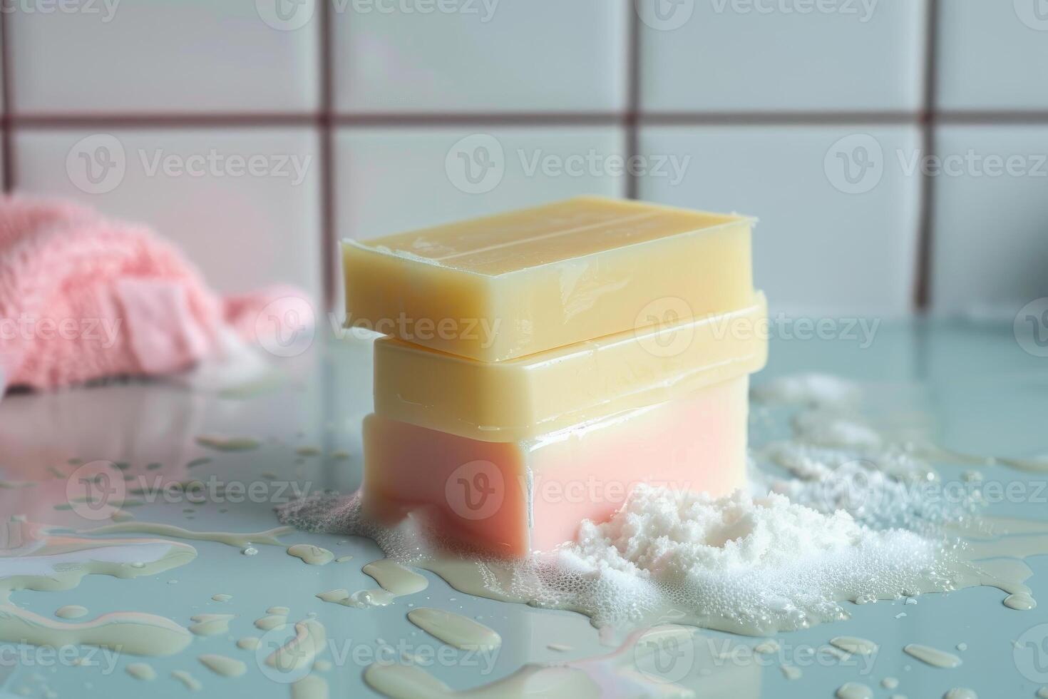 Stack of soap bars covered in soapy water is sitting on wet bathroom countertop photo