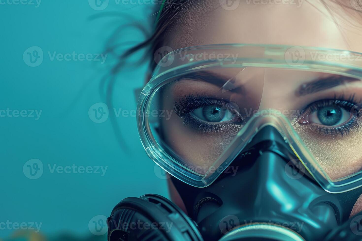 Young woman scientist wearing protective glasses and mask looking at you photo