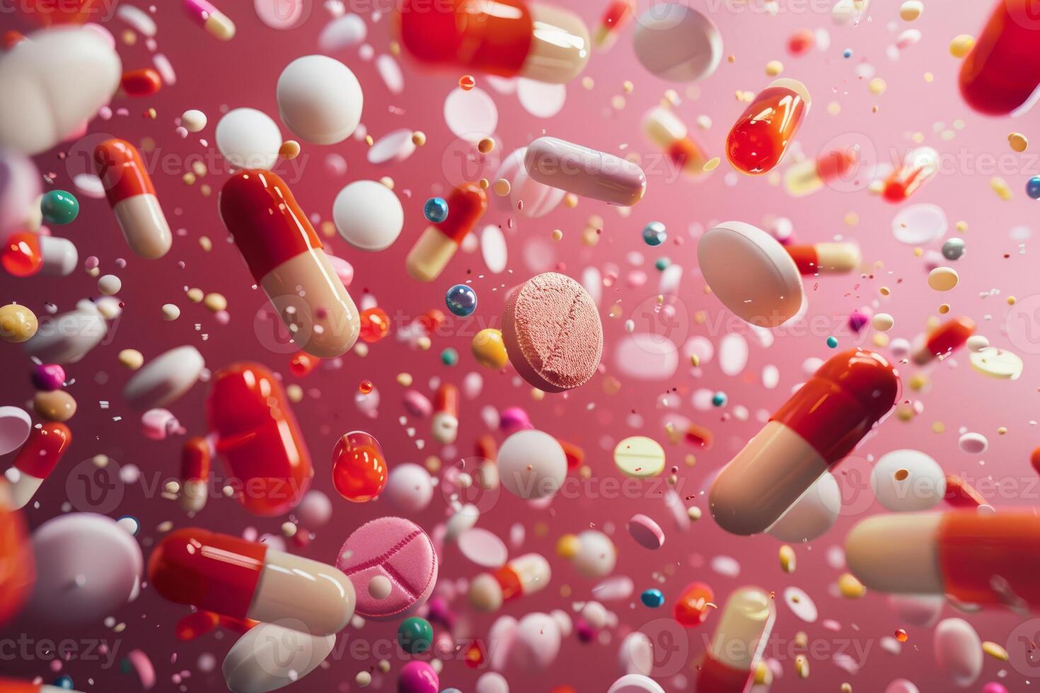 Colorful pills and capsules flying and falling on pink background photo