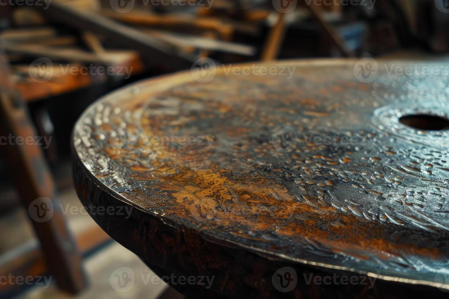 Closeup of round rusty metal table top showing welding marks in workshop photo