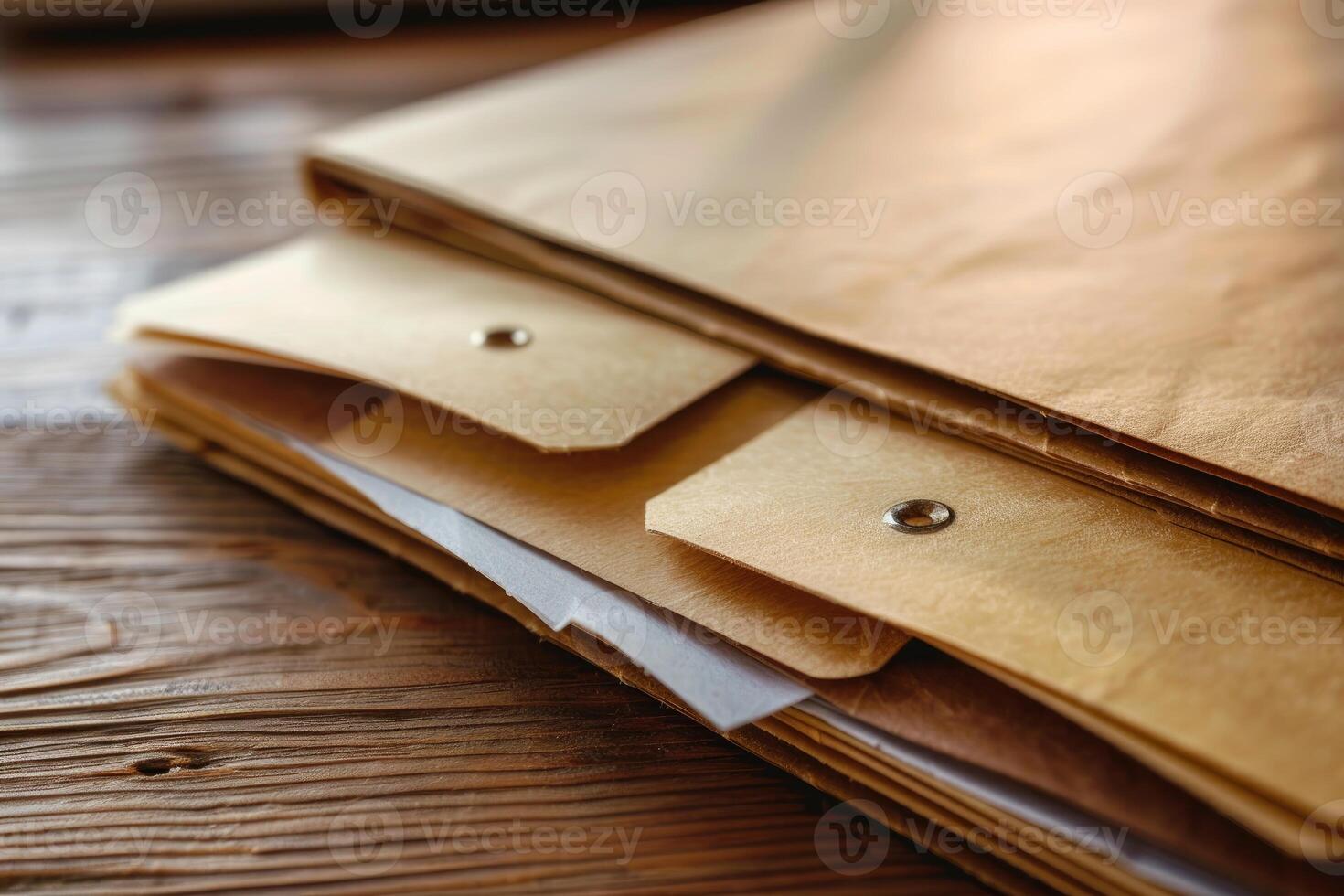 Stack of files with fasteners resting on wooden desk photo