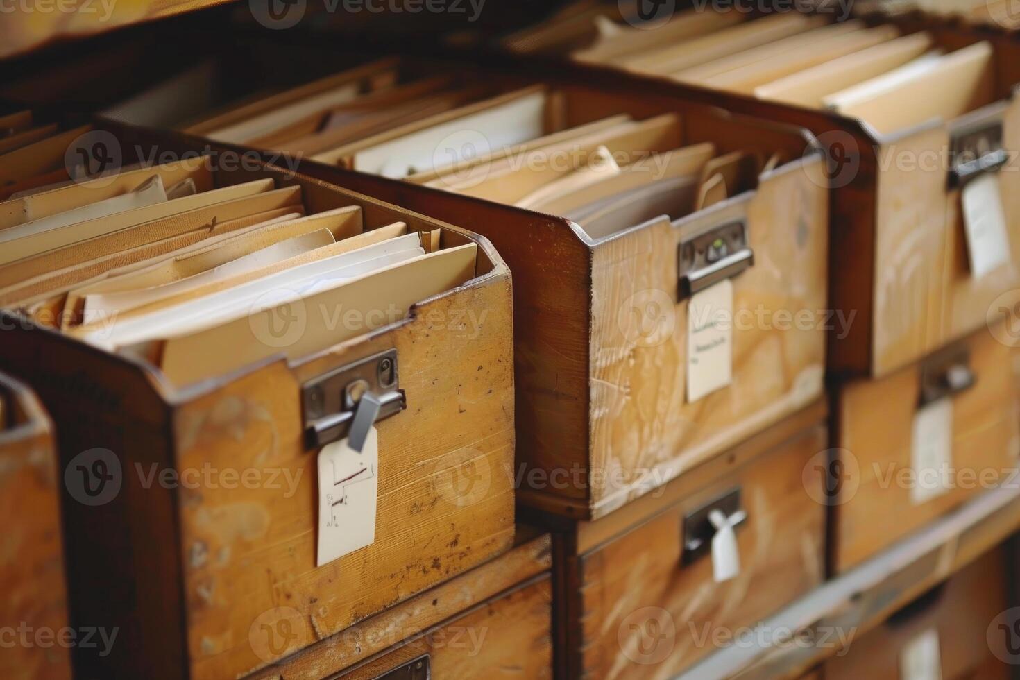 Old wooden filing cabinet storing paper documents photo
