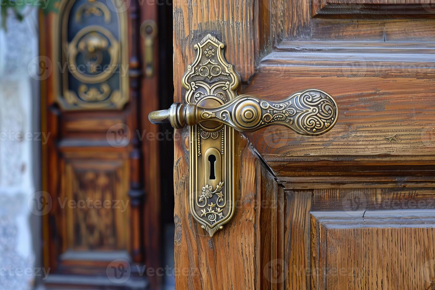 Old ornate door handle detail showing intricate design on wooden door photo