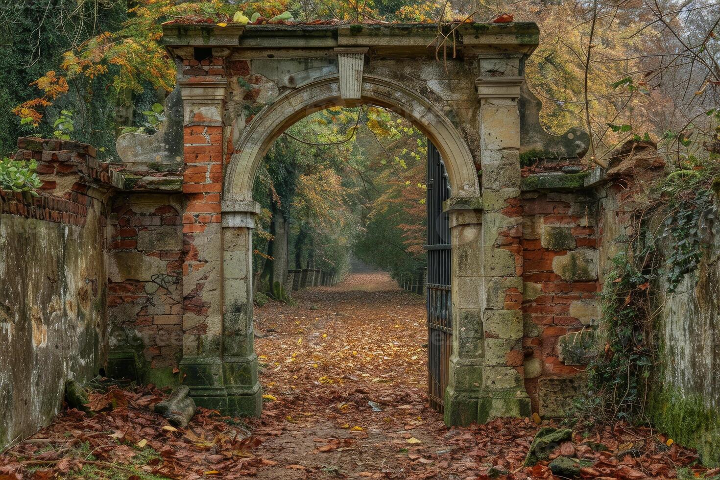 Old brick archway leading to autumn forest path photo