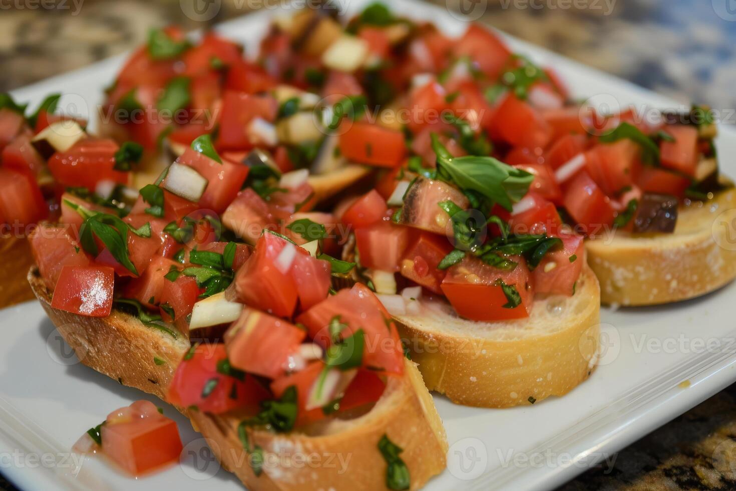 Delicious bruschetta topped with fresh tomatoes, basil and garlic, resting on a white plate photo