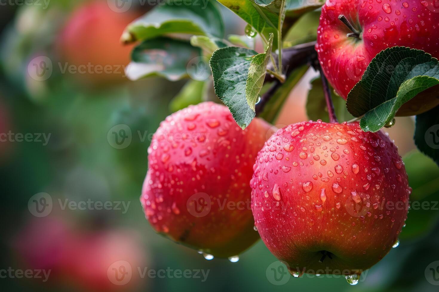 Red apples covered with rain drops hanging from tree branch photo