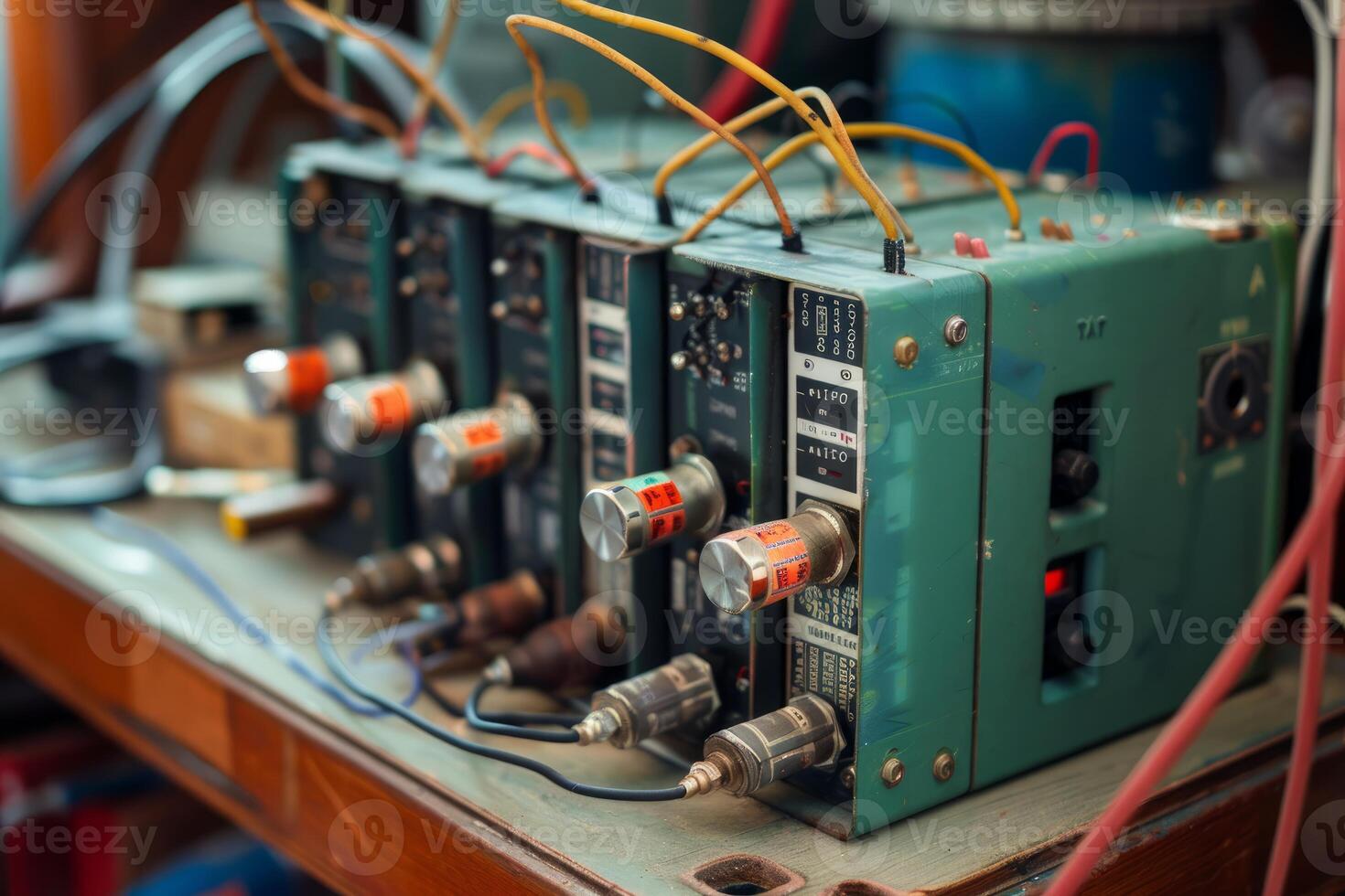 Vintage electrical equipment with wires connecting to control panel photo