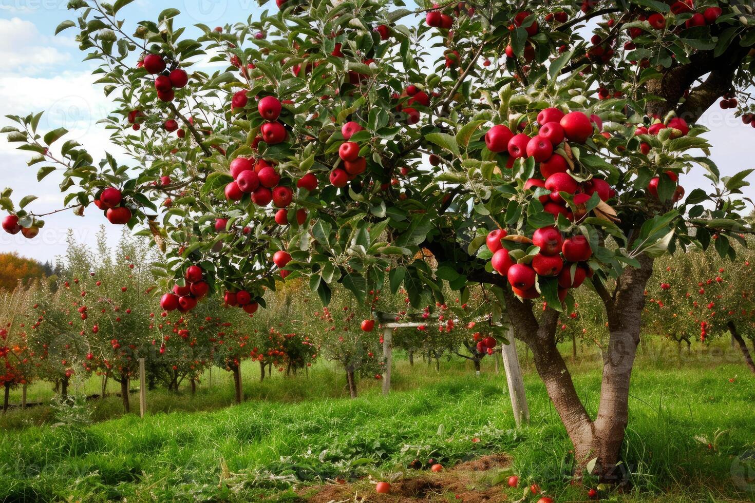 Apple tree full of ripe red apples growing in orchard photo