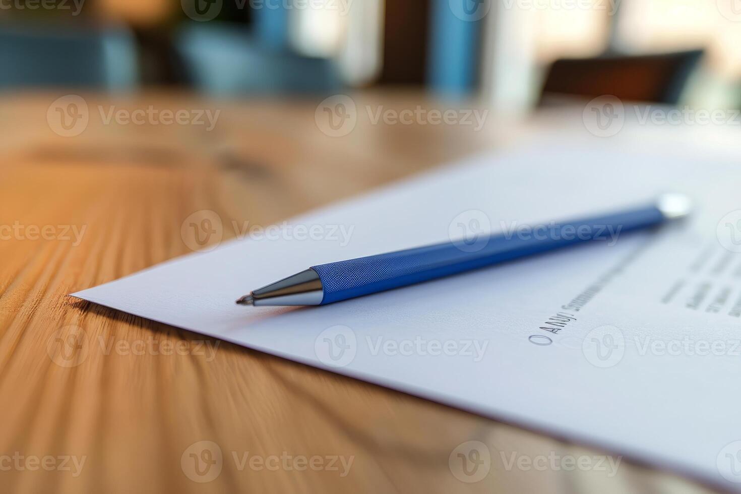 Blue pen lying on a contract on wooden table is waiting to be signed photo