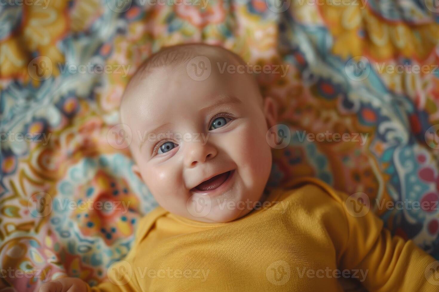 Adorable baby boy smiling and lying on colorful blanket photo