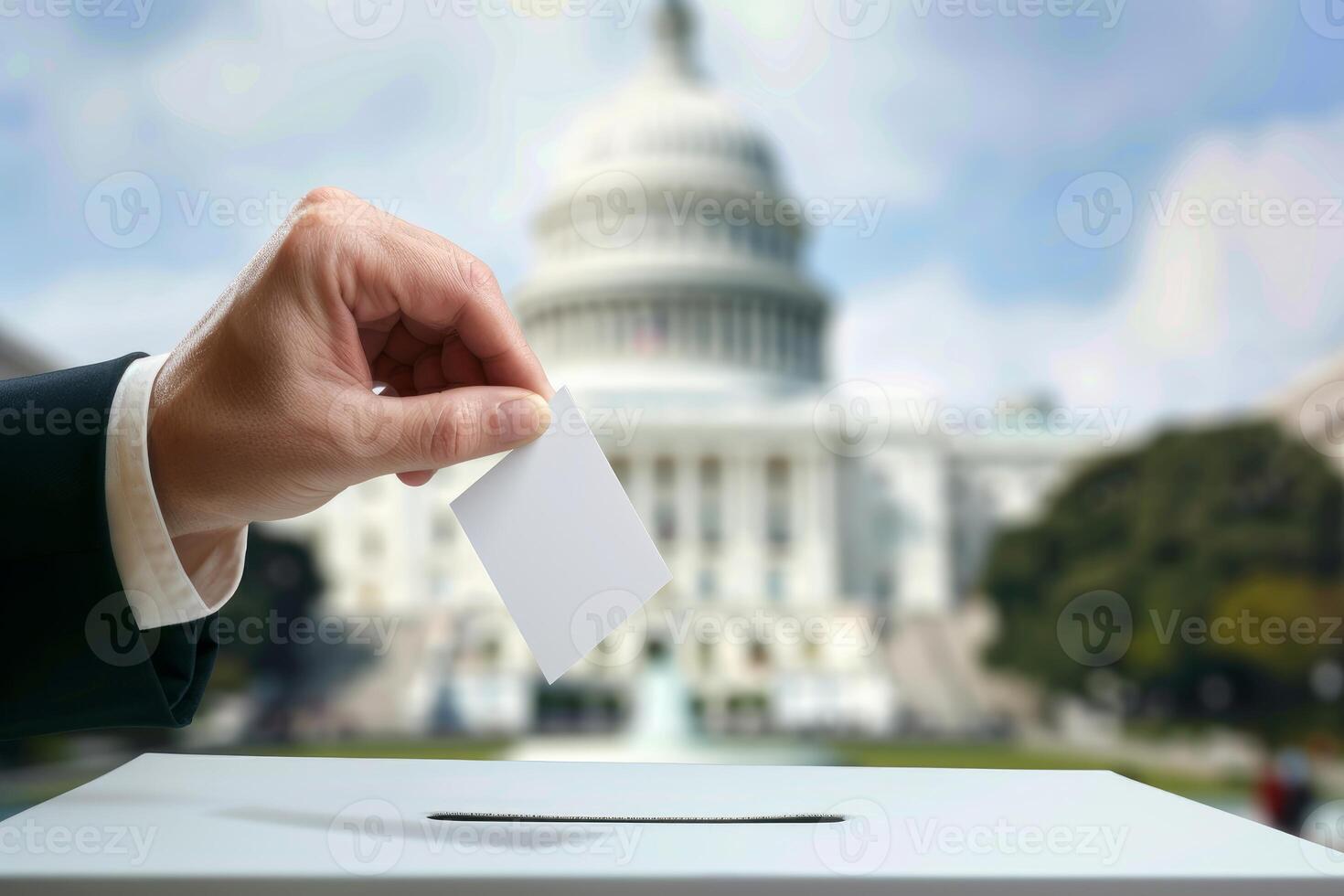 Businessman voting in a ballot box with the us capitol building in the background photo