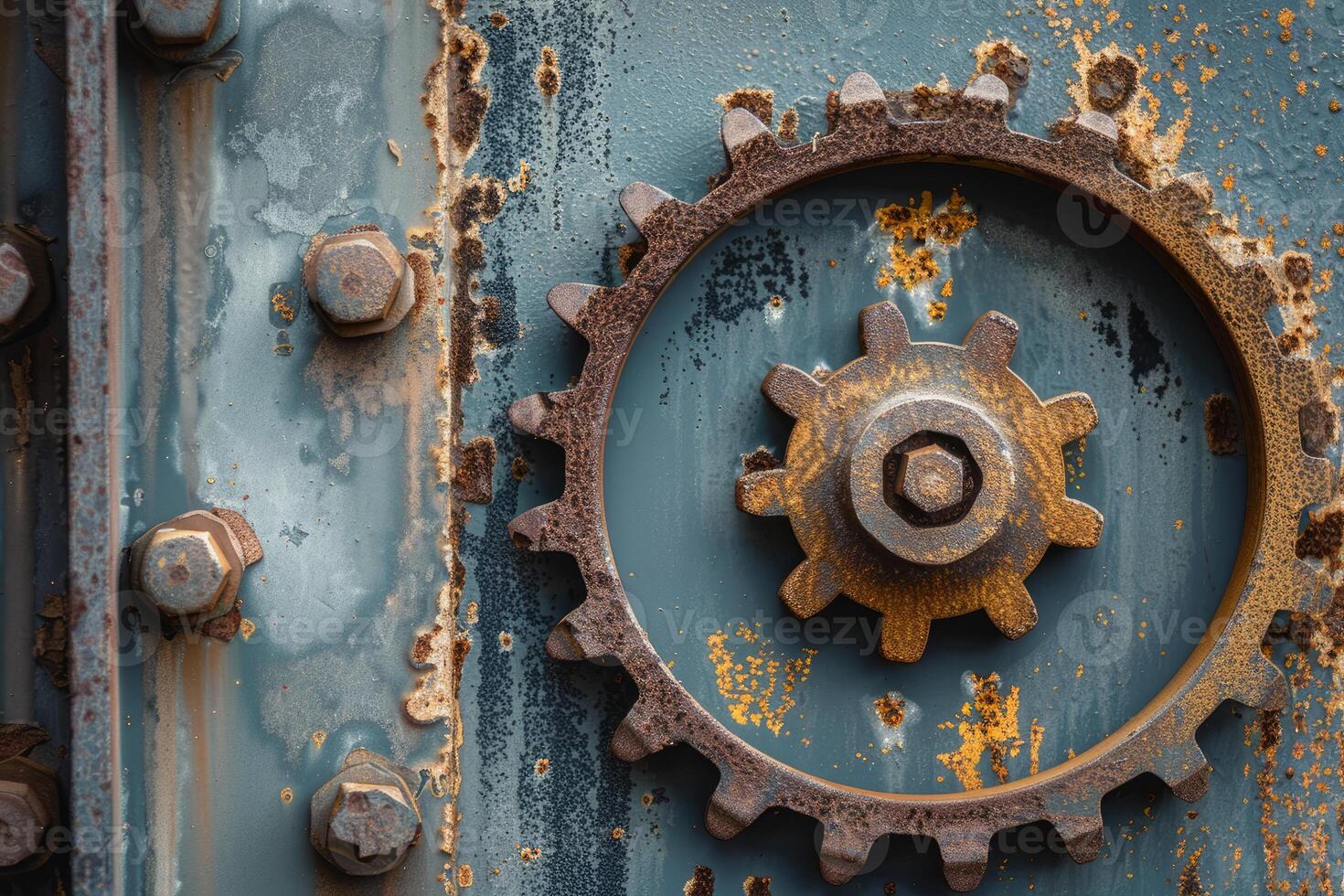 Rusty large gear covering a smaller one on a weathered metal panel photo
