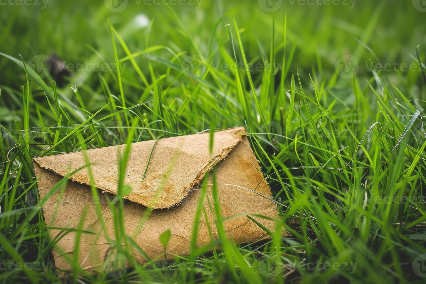 Old paper envelope lying in green grass photo