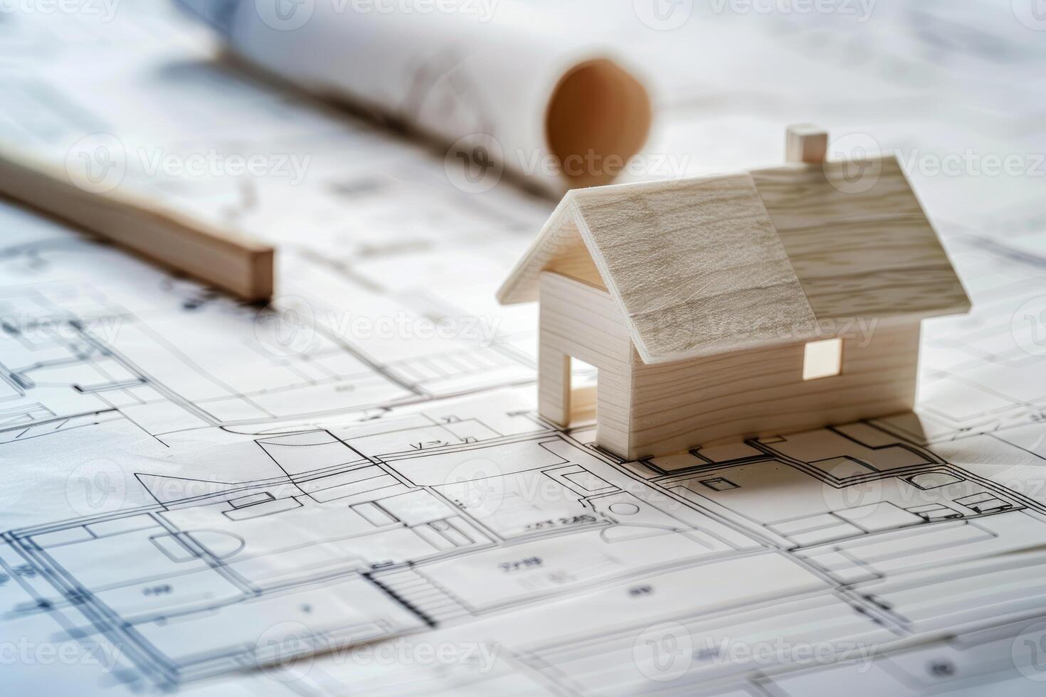 Miniature wooden house standing on blueprints for new home construction project photo