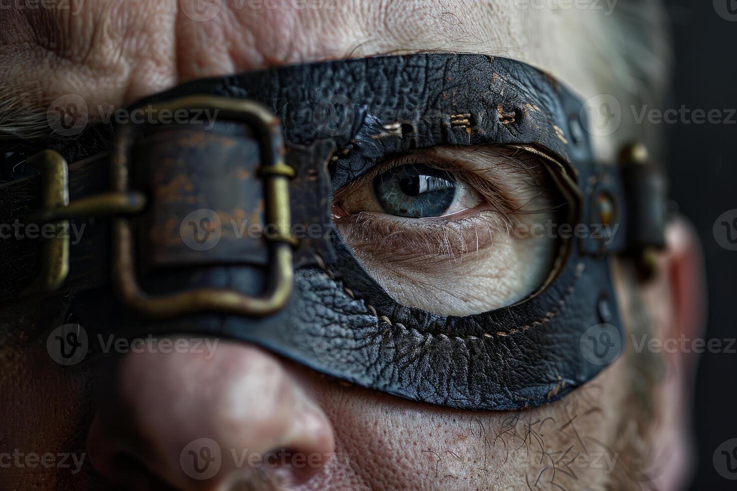 Man with glowing blue eyes is wearing a leather eye patch photo