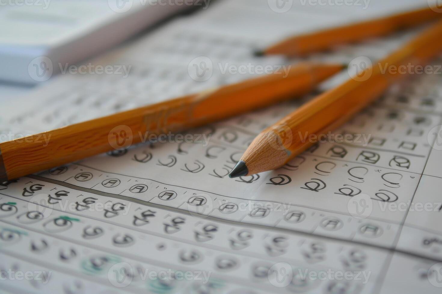 Pencils lying on answer sheet for exam or test photo